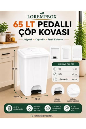 65 LT Pedallı Çöp Kovası Ev, Ofis, Mutfak, Bahçe ve İşyeri Kullanımına Uygun Beyaz