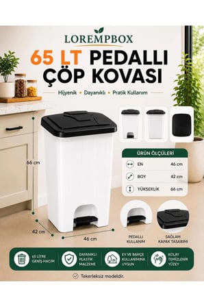 65 LT Pedallı Çöp Kovası |Ev, Ofis, Mutfak, Bahçe ve İşyeri Kullanımına Uygun Beyaz Siyah