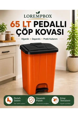 65 LT Pedallı Çöp Kovası Ev, Ofis, Mutfak, Bahçe ve İşyeri Kullanımına Uygun Turuncu Siyah