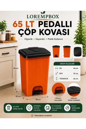 65 LT Pedallı Çöp Kovası Ev, Ofis, Mutfak, Bahçe ve İşyeri Kullanımına Uygun Turuncu Siyah