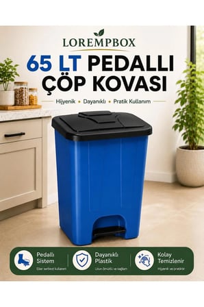 65 LT Pedallı Çöp Kovası Ev, Ofis, Mutfak, Bahçe ve İşyeri Kullanımına Uygun Mavi Siyah