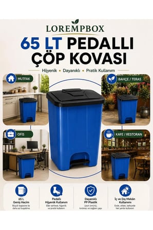 65 LT Pedallı Çöp Kovası Ev, Ofis, Mutfak, Bahçe ve İşyeri Kullanımına Uygun Mavi Siyah