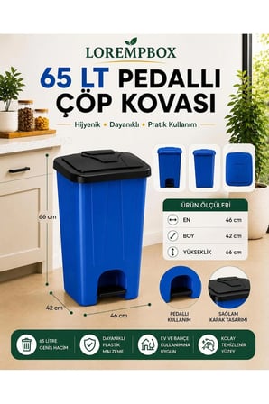 65 LT Pedallı Çöp Kovası Ev, Ofis, Mutfak, Bahçe ve İşyeri Kullanımına Uygun Mavi Siyah
