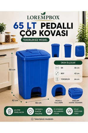 65 LT Pedallı Çöp Kovası Ev, Ofis, Mutfak, Bahçe ve İşyeri Kullanımına Uygun Mavi