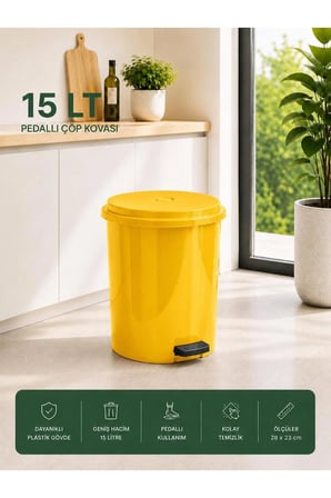 15 Lt Pedallı Plastik Çöp Kovası Dayanıklı, Hijyenik Ev & Ofis Çöp Kutusu Sarı