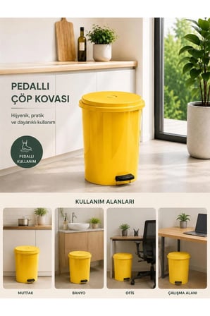 15 Lt Pedallı Plastik Çöp Kovası Dayanıklı, Hijyenik Ev & Ofis Çöp Kutusu Sarı