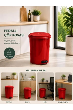 25 Lt Pedallı Plastik Çöp Kovası Dayanıklı, Hijyenik Ev & Ofis Çöp Kutusu Kırmızı