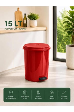 15 Lt Pedallı Plastik Çöp Kovası Dayanıklı, Hijyenik Ev & Ofis Çöp Kutusu Kırmızı