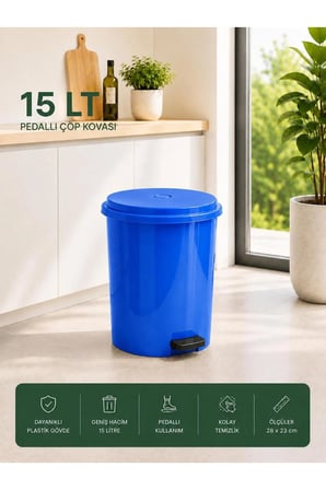 15 Lt Pedallı Plastik Çöp Kovası Dayanıklı, Hijyenik Ev & Ofis Çöp Kutusu Mavi