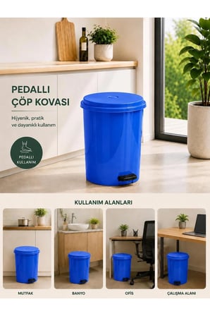 15 Lt Pedallı Plastik Çöp Kovası Dayanıklı, Hijyenik Ev & Ofis Çöp Kutusu Mavi