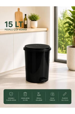 15 Lt Pedallı Plastik Çöp Kovası Dayanıklı, Hijyenik Ev & Ofis Çöp Kutusu Siyah