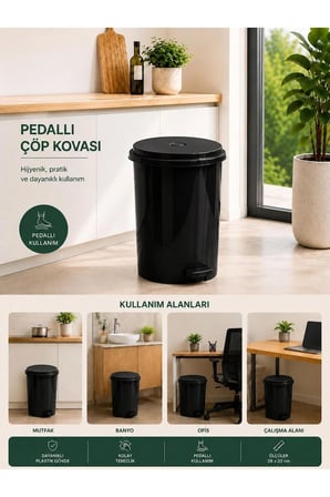 25 Lt Pedallı Plastik Çöp Kovası Dayanıklı, Hijyenik Ev & Ofis Çöp Kutusu Siyah
