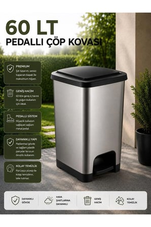 60 LT Slim Pedallı Çöp Kovası Gri - Siyah