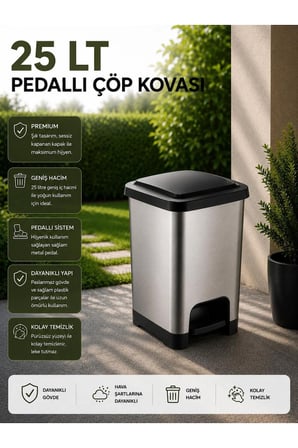 25 LT Slim Pedallı Çöp Kovası Gri - Siyah