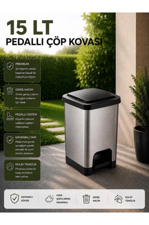 15 LT Slim Pedallı Çöp Kovası Gri - Siyah
