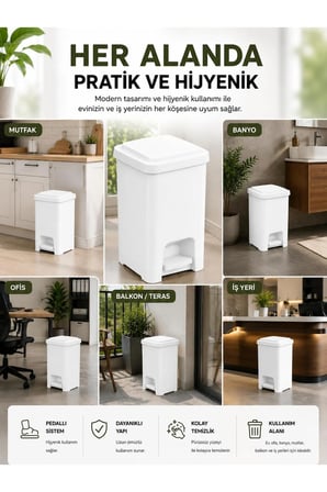 60 Lt Slim Pedallı Çöp Kovası Beyaz