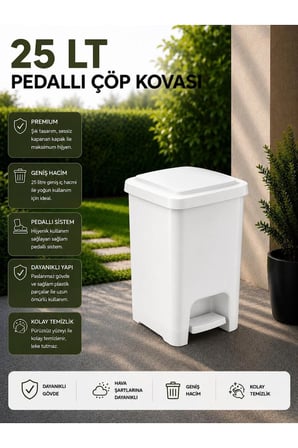 25 Lt Slim Pedallı Çöp Kovası Beyaz