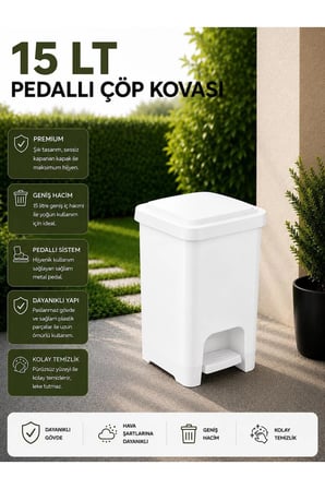 15 Lt Slim Pedallı Çöp Kovası Beyaz