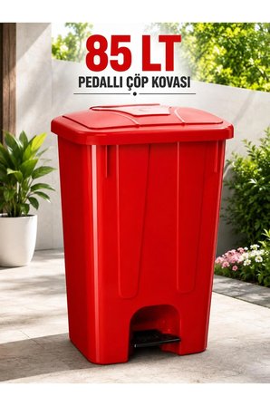 85 Lt Pedallı Tekerlekli Çöp Kovası İç Kovasız Kırmızı Renk