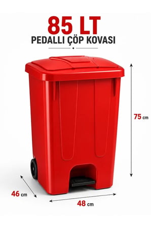 85 Lt Pedallı Tekerlekli Çöp Kovası İç Kovasız Kırmızı Renk