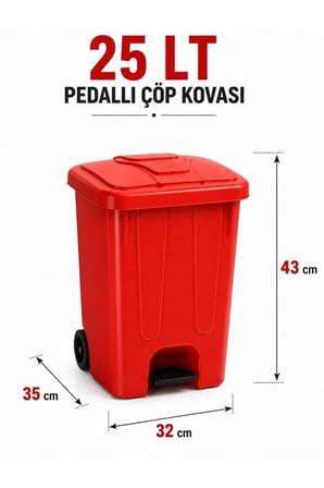 25 Lt Pedallı Çöp Kovası İç Kovasız Kırmızı Renk