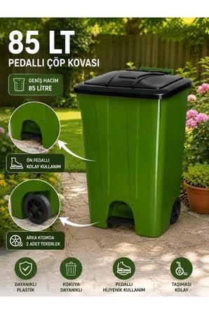 85 Lt Pedallı Tekerlekli Çöp Kovası İç Kovasız Yeşil Renk