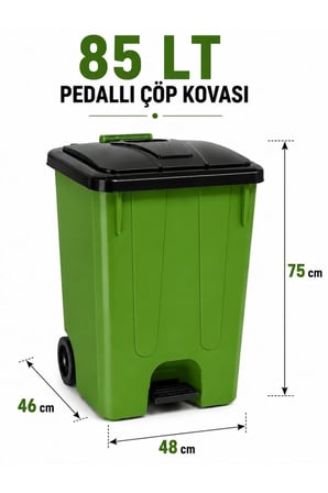 85 Lt Pedallı Tekerlekli Çöp Kovası İç Kovasız Yeşil Renk