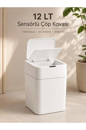 12 LT Sensörlü Çöp Kovası Otomatik Kapaklı Temassız Çöp Kutusu 2 AA Kalem Pilli Beyaz