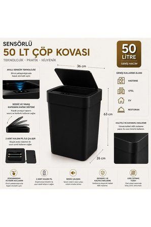 50 LT Sensörlü Akıllı Çöp Kovası Dokunmadan Açılan Otomatik Kapaklı Pilli Hijyenik Çöp Kutusu Siyah