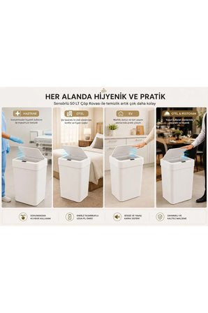 50 LT Sensörlü Akıllı Çöp Kovası Dokunmadan Açılan Otomatik Kapaklı Pilli Hijyenik Çöp Kutusu Beyaz