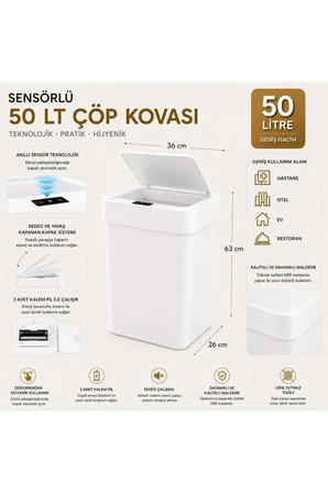 50 LT Sensörlü Akıllı Çöp Kovası Dokunmadan Açılan Otomatik Kapaklı Pilli Hijyenik Çöp Kutusu Beyaz