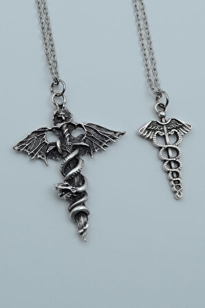 2'li Yarasa Yılan Kılıç Tıp Kadüse Gümüş Kaplama Kolye Seti
