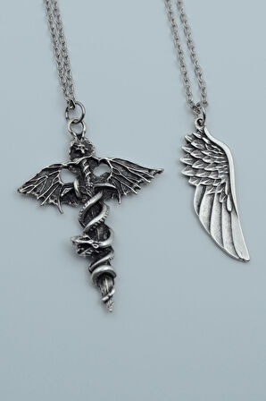2'li Kılıç Yarasa Yılan Büyük Kanat Gümüş Kaplama Kolye Seti