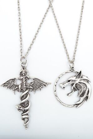2'li Kılıç Yarasa Yılan - The Witcher Çember Erkek Kadın Kolye Seti 925 Ayar Gümüş Kaplama