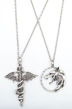 2'li Kılıç Yarasa Yılan - The Witcher Çember Erkek Kadın Kolye Seti 925 Ayar Gümüş Kaplama