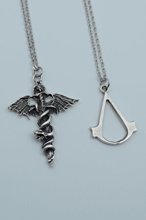 2'li Yarasa Yılan Kılıç Anubis Ölüm Ve Ceza Tanrısı Gümüş Kaplama Kolye Seti