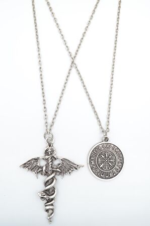 2'li Kılıç Yarasa Yılan - Viking Pusula Erkek Kadın Kolye Seti 925 Ayar Gümüş Kaplama