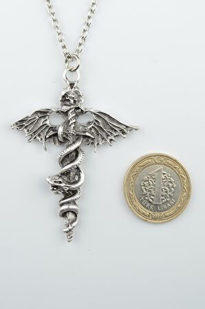 2'li Kılıç Yarasa Yılan - Viking Pusula Erkek Kadın Kolye Seti 925 Ayar Gümüş Kaplama