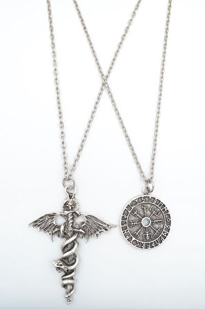 2'li Viking Pusula Sembol - Kılıç Yarasa Yılan Erkek Kadın Kolye Seti 925 Ayar Gümüş Kaplama