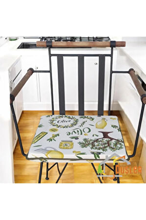 40x40 Zeytin Ağacı Desenli Su ve Leke İtici Fermuarlı Bağcıklı Yeşil Biyeli Sandalye Minderi 4 cm