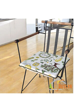 40x40 Zeytin Ağacı Desenli Su ve Leke İtici Fermuarlı Bağcıklı Yeşil Biyeli Sandalye Minderi 4 cm