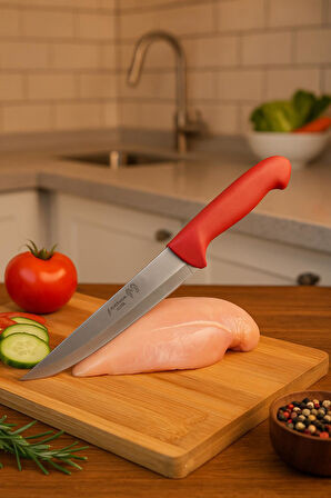 Paslanmaz Çelik Kasap Bıçağı Kırmızı Saplı Et ve Mutfak Bıçağı 27 cm