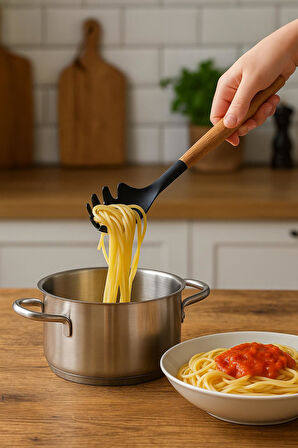 Bambu Saplı Silikon Spagetti Makarna Servis Kaşığı Siyah
