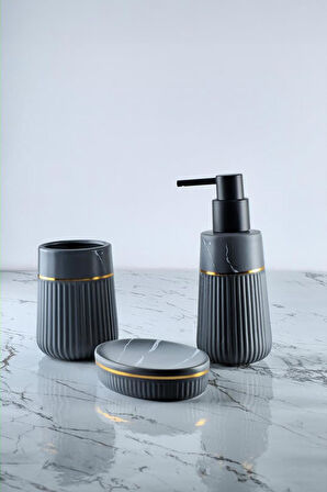 Siyah Mermer Desenli Seramik Banyo Seti 3 Parça