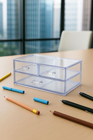 Şeffaf 3 Çekmeceli Kalemlik Düzenleyici Organizer 14×24×10 cm