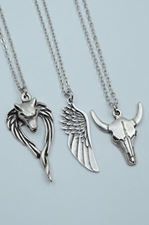 3'lü Anubis Büyük Kanat Buffalo - Boğa Gümüş Kaplama Kolye Seti