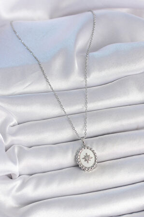 316L Çelik Gümüş Renk Zincir Beyaz Mineli Kutup Yıldız İşlemeli Madalyon Model Kadın Kolye