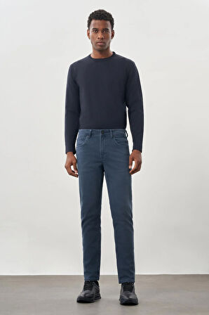 İndigo Mavi Düz Gabardin Pamuklu 5 Cep Slim Fit Casual Denim Pantolon 1023245158