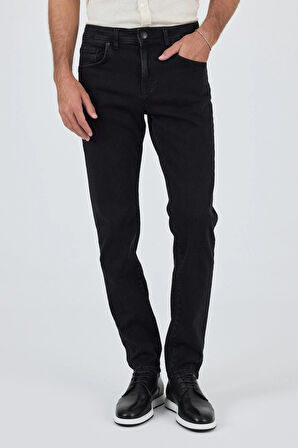 Siyah Gabardin 5 Cep Düz Paça Casual Slim Fit Pamuklu Denim Pantolon 1023250151