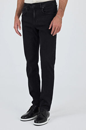 Siyah Gabardin 5 Cep Düz Paça Casual Slim Fit Pamuklu Denim Pantolon 1023250151